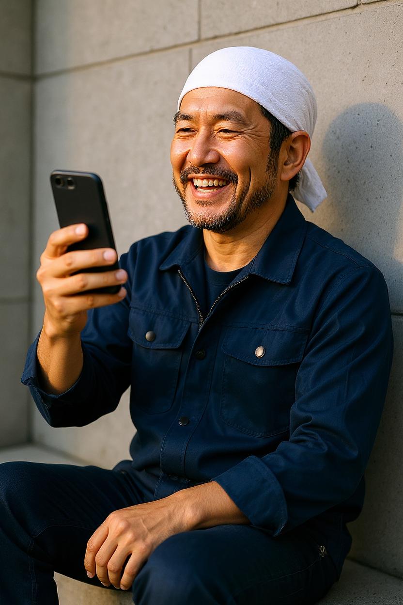 中小企業の職人がスマホでホームページをチェックして笑顔になる様子