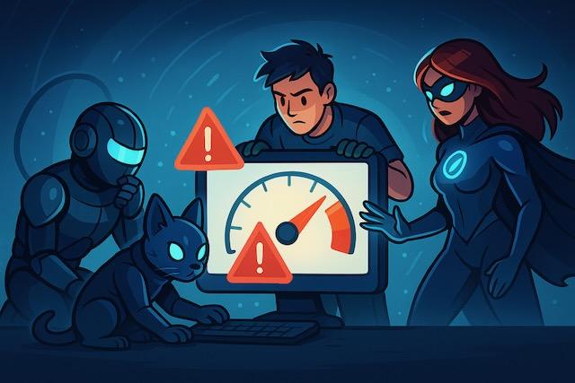ロボット・猫型キャラ・技術者・女性ヒーローが、速度低下の警告が表示されたパソコンを囲んで原因を調べているシーンのイラスト。WordPressが重い・遅いときのトラブル解決をイメージ。