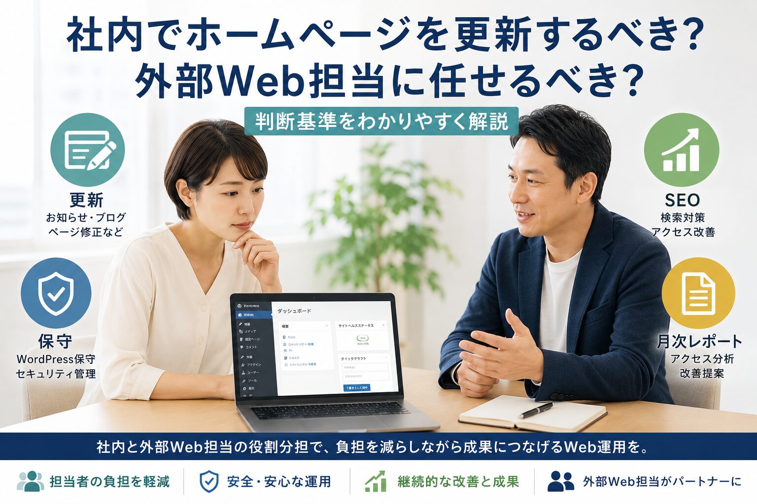社内でホームページを更新するか外部Web担当に任せるかを相談しているイメージ