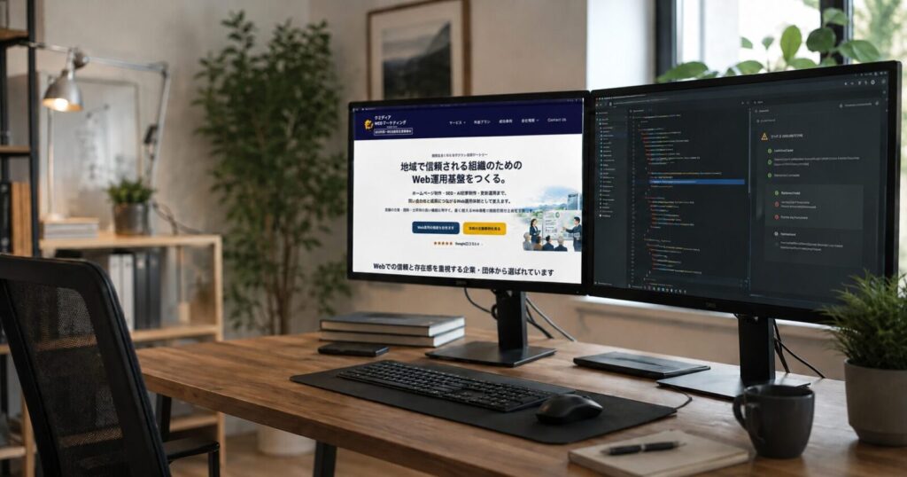 クミディアのホームページとコード確認画面を表示したWeb制作の作業環境