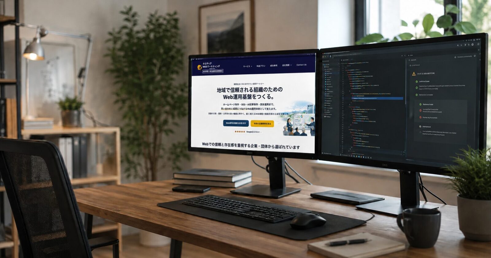 クミディアのホームページとコード確認画面を表示したWeb制作の作業環境